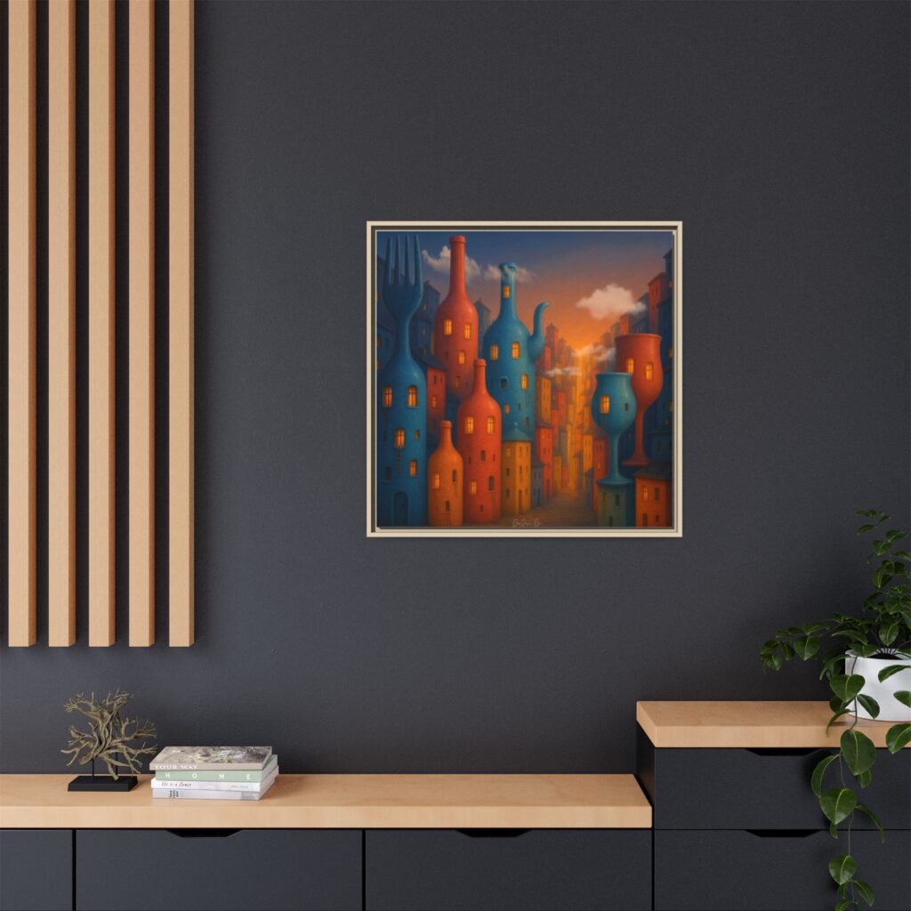 Metropolis of Bottled Souls – Surreal Cityscape Framed Canvas — Colorful Bottle-Building Wall Art