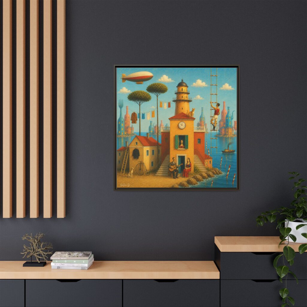 Surreal Coastal Lighthouse Matte Framed Canvas Print