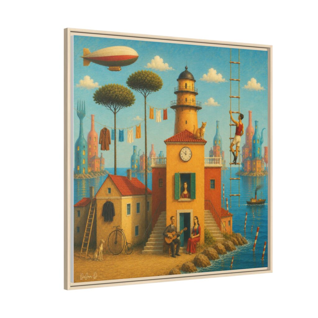 Surreal Coastal Lighthouse Matte Framed Canvas Print