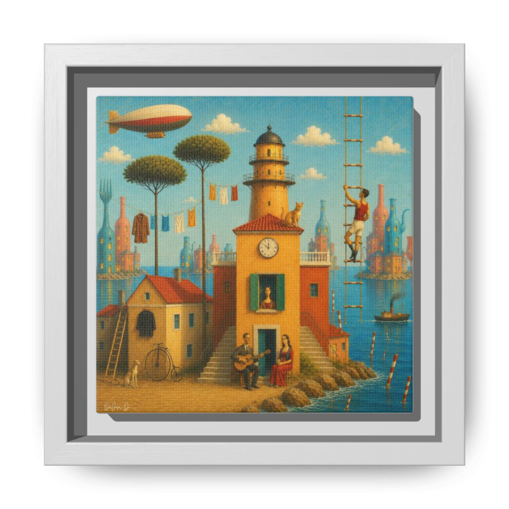 Surreal Coastal Lighthouse Matte Framed Canvas Print