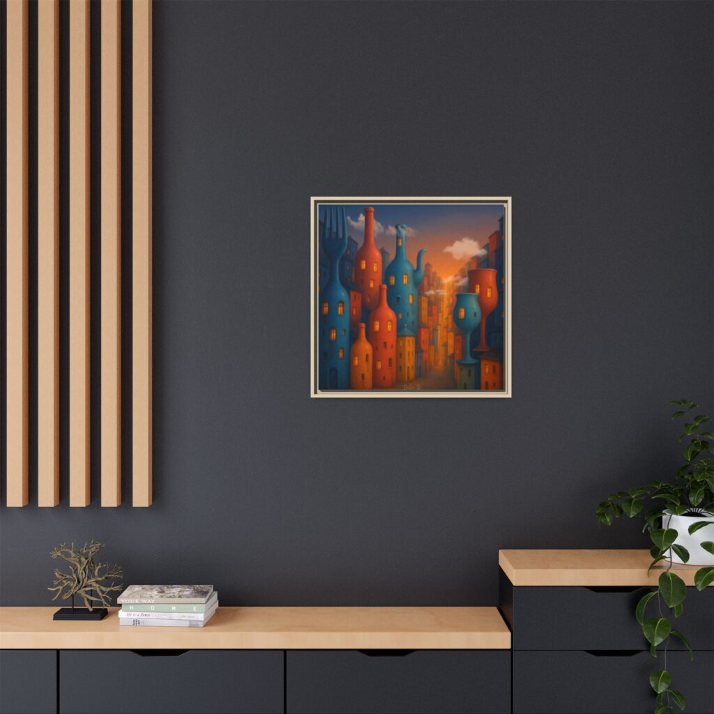 Metropolis of Bottled Souls – Surreal Cityscape Framed Canvas — Colorful Bottle-Building Wall Art