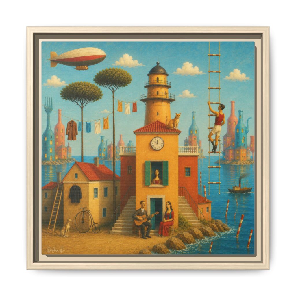 Surreal Coastal Lighthouse Matte Framed Canvas Print
