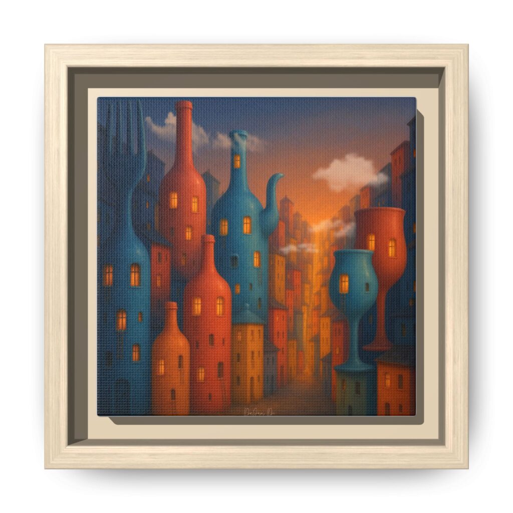 Metropolis of Bottled Souls – Surreal Cityscape Framed Canvas — Colorful Bottle-Building Wall Art