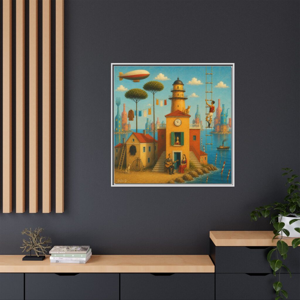 Surreal Coastal Lighthouse Matte Framed Canvas Print