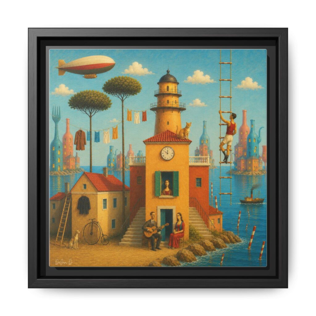 Surreal Coastal Lighthouse Matte Framed Canvas Print