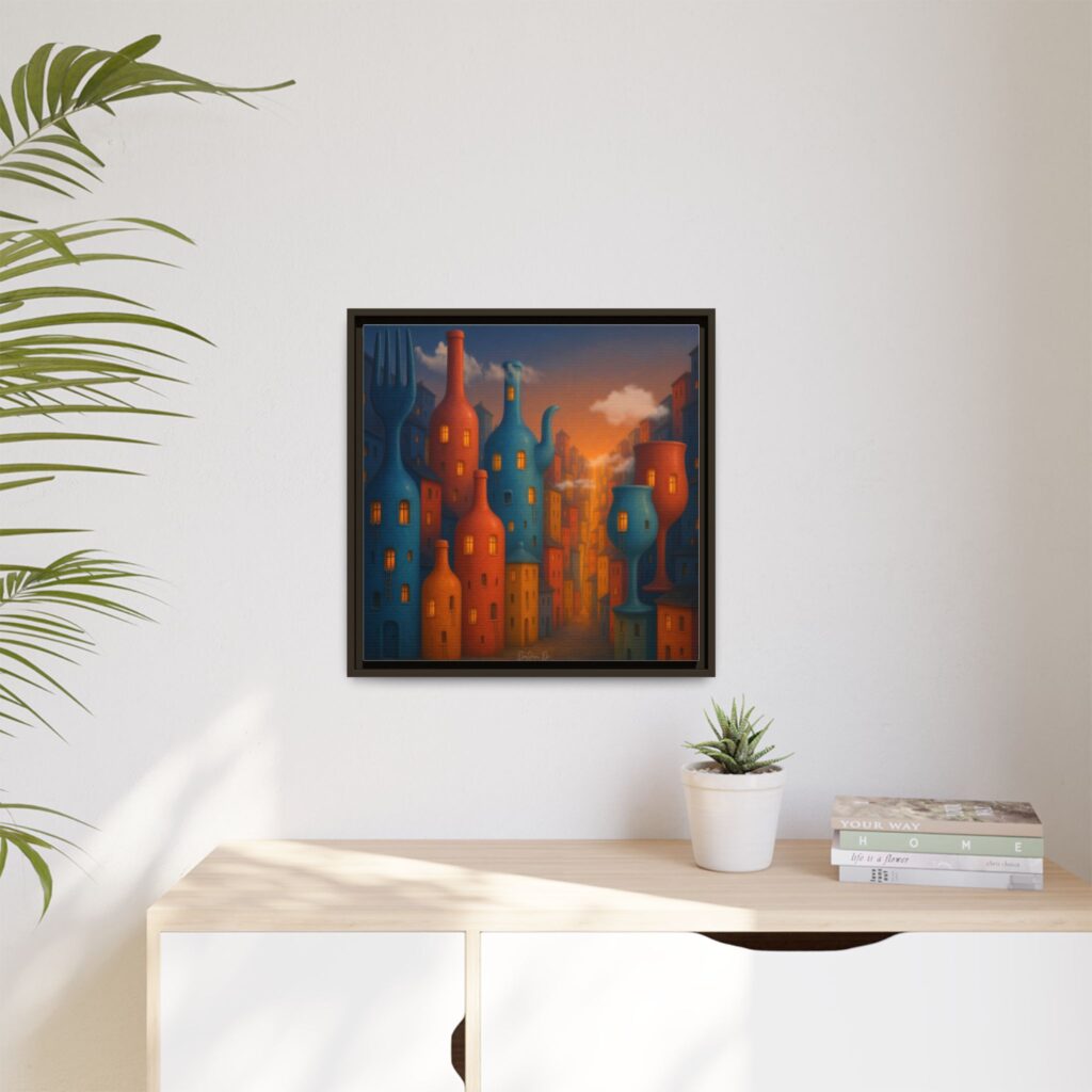 Metropolis of Bottled Souls – Surreal Cityscape Framed Canvas — Colorful Bottle-Building Wall Art